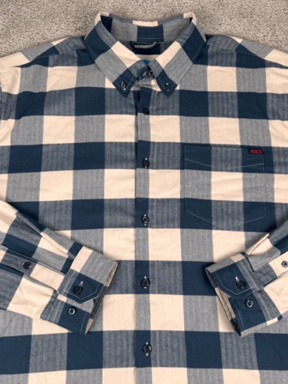 RSVLTS Borland Flex Shirt Men's XL Slim Blue Cream Buffalo Plaid Long Sleeve